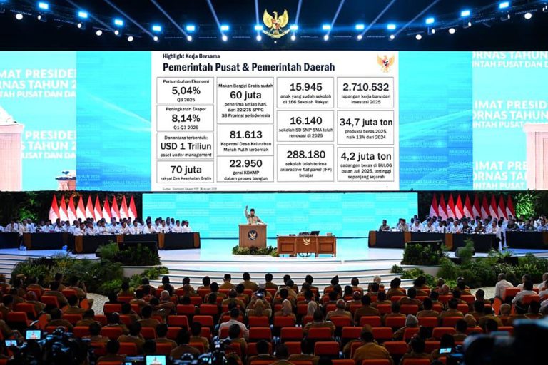Presiden Prabowo Subianto secara resmi membuka Rapat Koordinasi Nasional (Rakornas) Pemerintah Pusat dan Daerah Tahun 2026 yang digelar di Sentul International Convention Center (SICC), Kabupaten Bogor, Jawa Barat, Senin (2/2/2026).   Kehadiran Presiden pada rakornas ini menegaskan komitmen pemerintah dalam memperkuat sinergi antara pemerintah pusat dan daerah guna memastikan kesinambungan arah pembangunan nasional.***(Foto: Ekobisnis.com/BPMI Setpres)